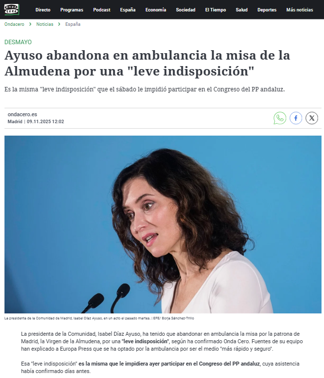 JulianMaciasT's tweet photo. Ayuso abandonó en ambulancia la misa de la Almudena por una "leve indisposición", mismo motivo por el que no fue al congreso del PP.
Espero que no sea ningún problema serio de salud y solo sea la resaca de la fiesta que se pegaron en el aniversario de Okdiario. https://t.co/IZjUAhYQhp