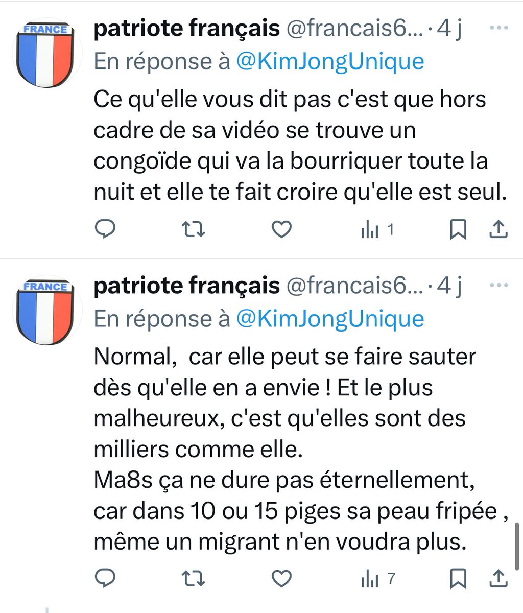 Signalez et retrouvez moi ce fdp de raciste. 
J’ai envie de lui parler en tête à tête.  <a href="/francais69762/">patriote français</a> 
Arrêtez de croire que vous risquez rien.