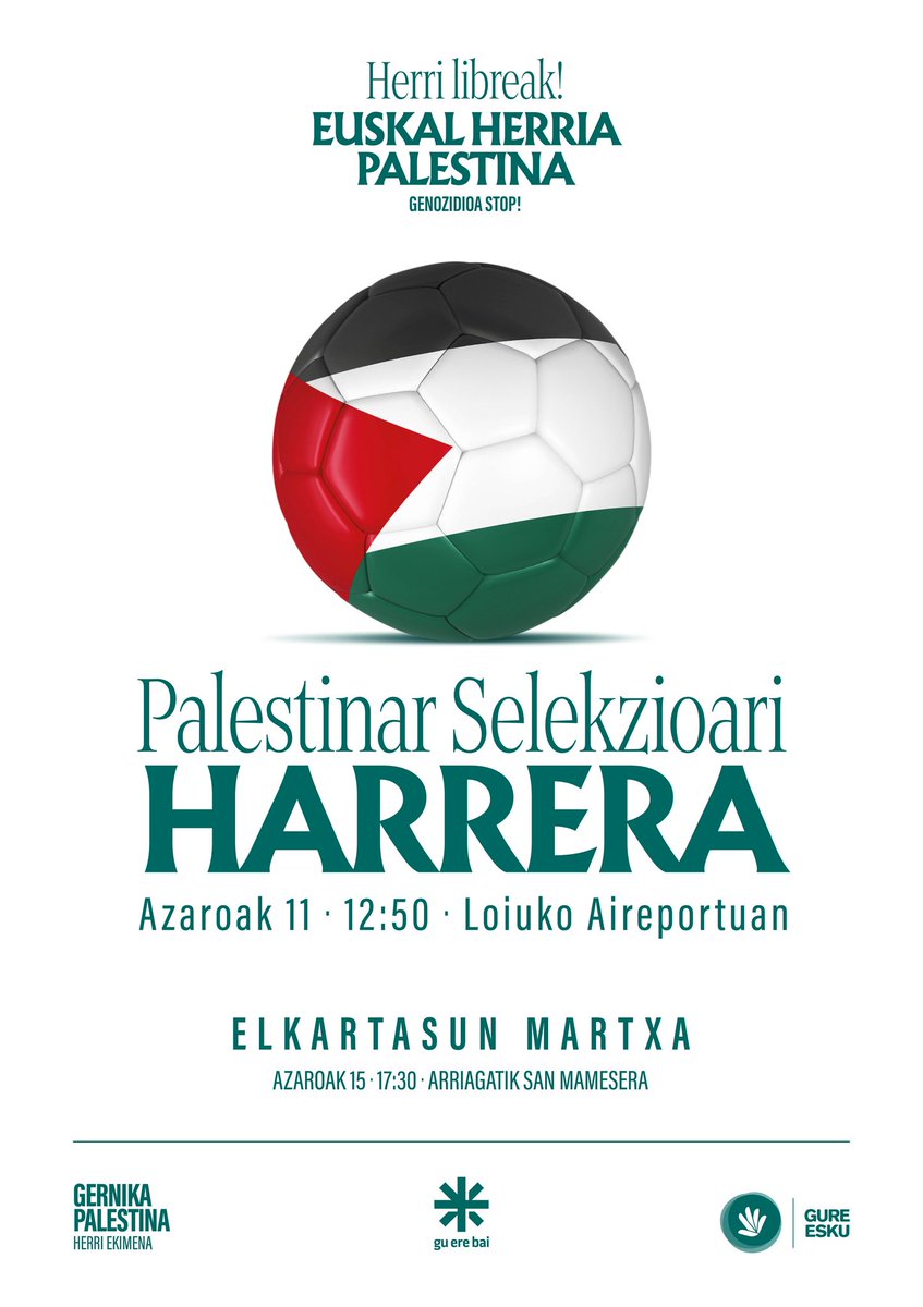 Egin diezaiogun harrera Palestinako selekzioari! Herri solidarioa garelako. Herri libreak nahi ditugulako. Asteartean, denok Loiura! #HerriaLibreBat