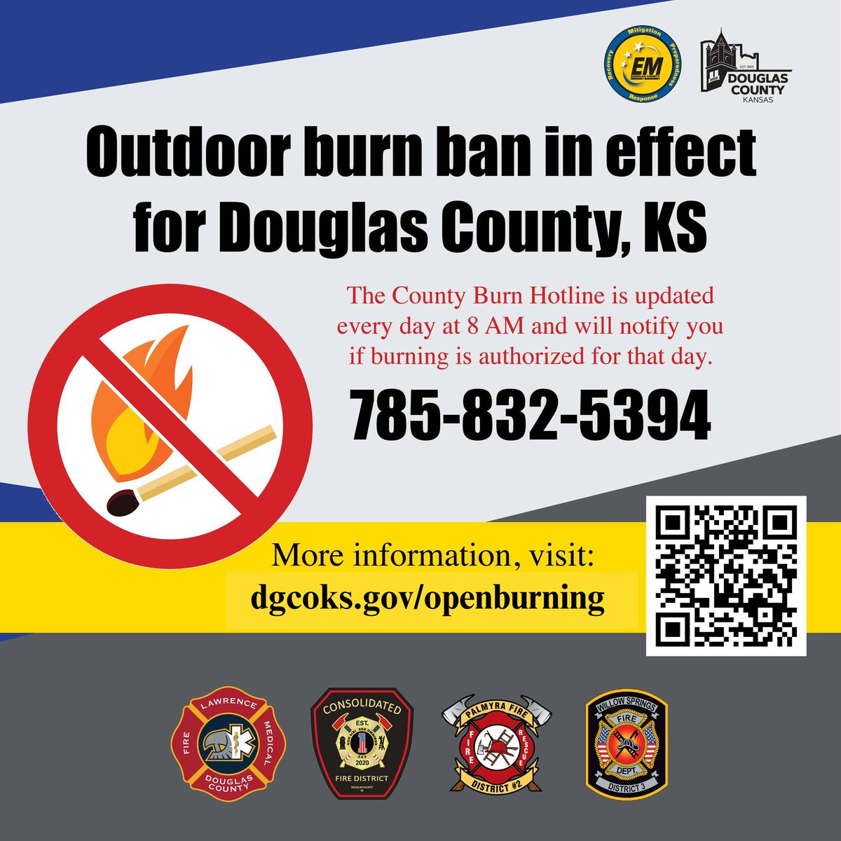 Burning is prohibited in Douglas County today, Sunday, November 9, 2025.  Strong winds and gusts will spread fire quickly. See smoke or fire? Call 911. Be safe, be smart. We care. #kswx EM10