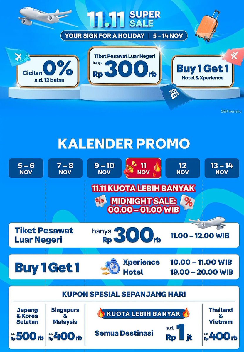 Nih ya, kalo buka Traveloka pas 11.00 WIB, siap-siap rebutan tiket internasional diskon Rp300rb! Kayaknya ini Your Sign for a Holiday deh 😆✈️ #Traveloka1111Sale