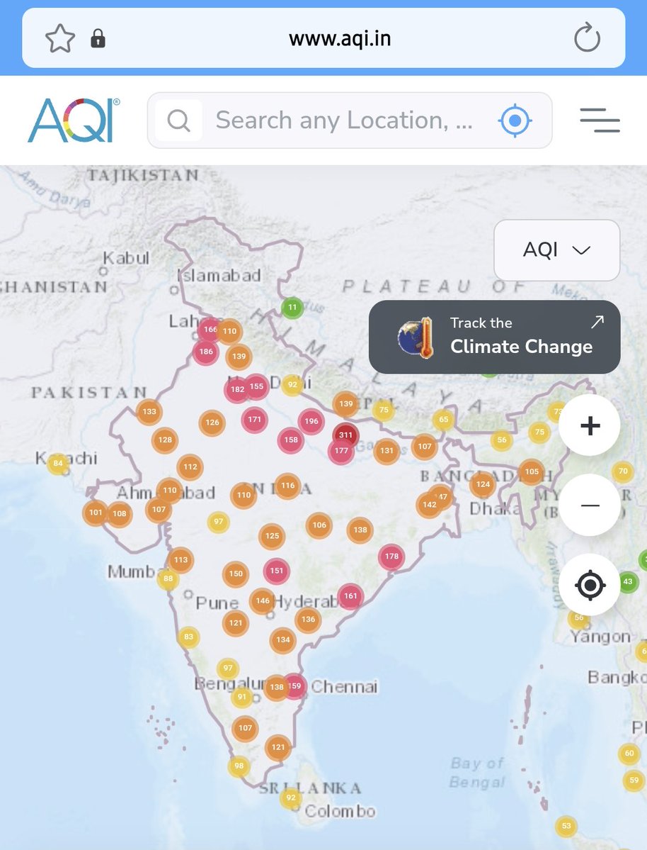 Not a single green zone in whole of India (some north east pockets if you zoom in). 

I checked the breakdown, most places it is PM2.5 and not any harmful gasses (N2O, SO2) that's increasing the total score. 

Needs some tight national level dust control enforcement on