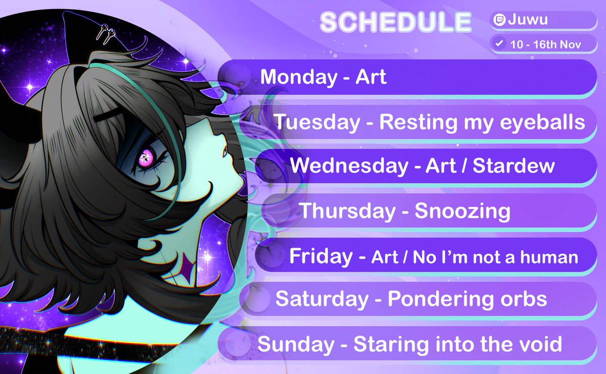 JuwuVT's tweet image. Schedule!! 👻

Friday might get moved depending as it&apos;s Jodins birthday on Thursday :3

#vtuber