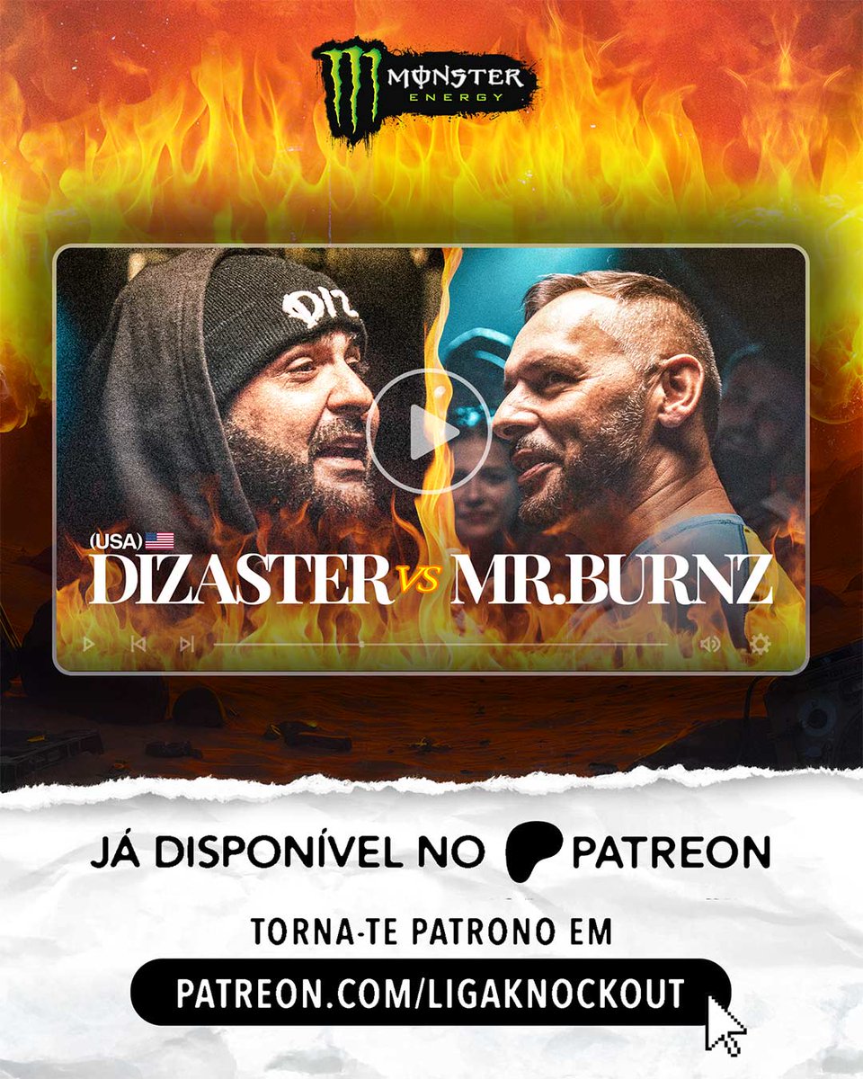 ‼️ Primeira battle do evento Apocalipse 6 entre Dizaster e Mr Burnz já disponível em patreon.com/ligaknockout (na modalidade 'Battle Rap Head'‼️