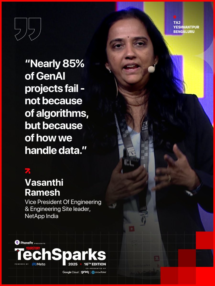 _TechSparks's tweet image. At #TechSparks2025, Vasanthi Ramesh, VP Of Engineering &amp;amp; Engineering Site leader, @NetApp India, said most GenAI projects fail due to data silos and cost issues — and hybrid cloud is the key to building AI that lasts.

@YourStoryCo