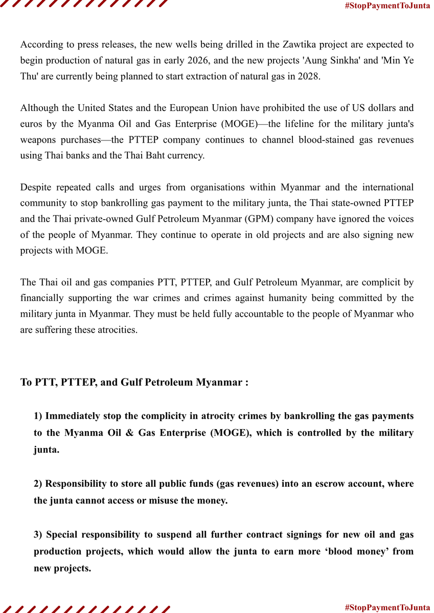 bloodmoney22222's tweet photo. Statement on Thailand’s Pursuit of New Gas Projects that Channel Blood Money to the Myanmar Criminal Junta
To download the statement - https://t.co/Aci7q85AwU
#SanctionMOGE #StopPaymentToJunta
#KeepInEscrowAccount
#WhatsHappeningInMyanmar https://t.co/PoRuTaSaLK