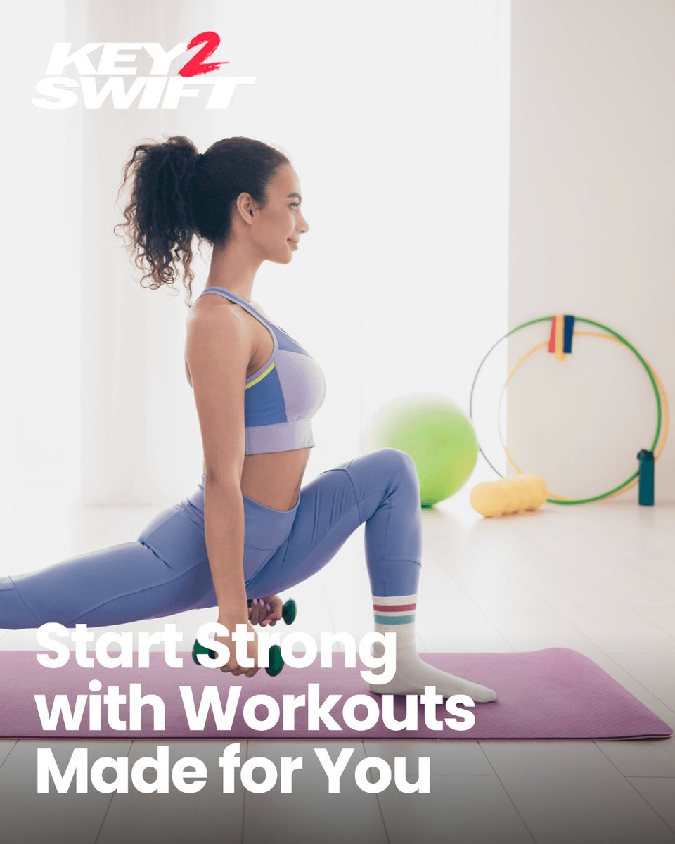 Key2Swift's tweet image. At-home workouts that fit your life and goals. No guesswork. Tailored plans for beginners, injury recovery, or busy schedules. Start strong, stay consistent, see real progress. Make fitness personal: key2swift.com