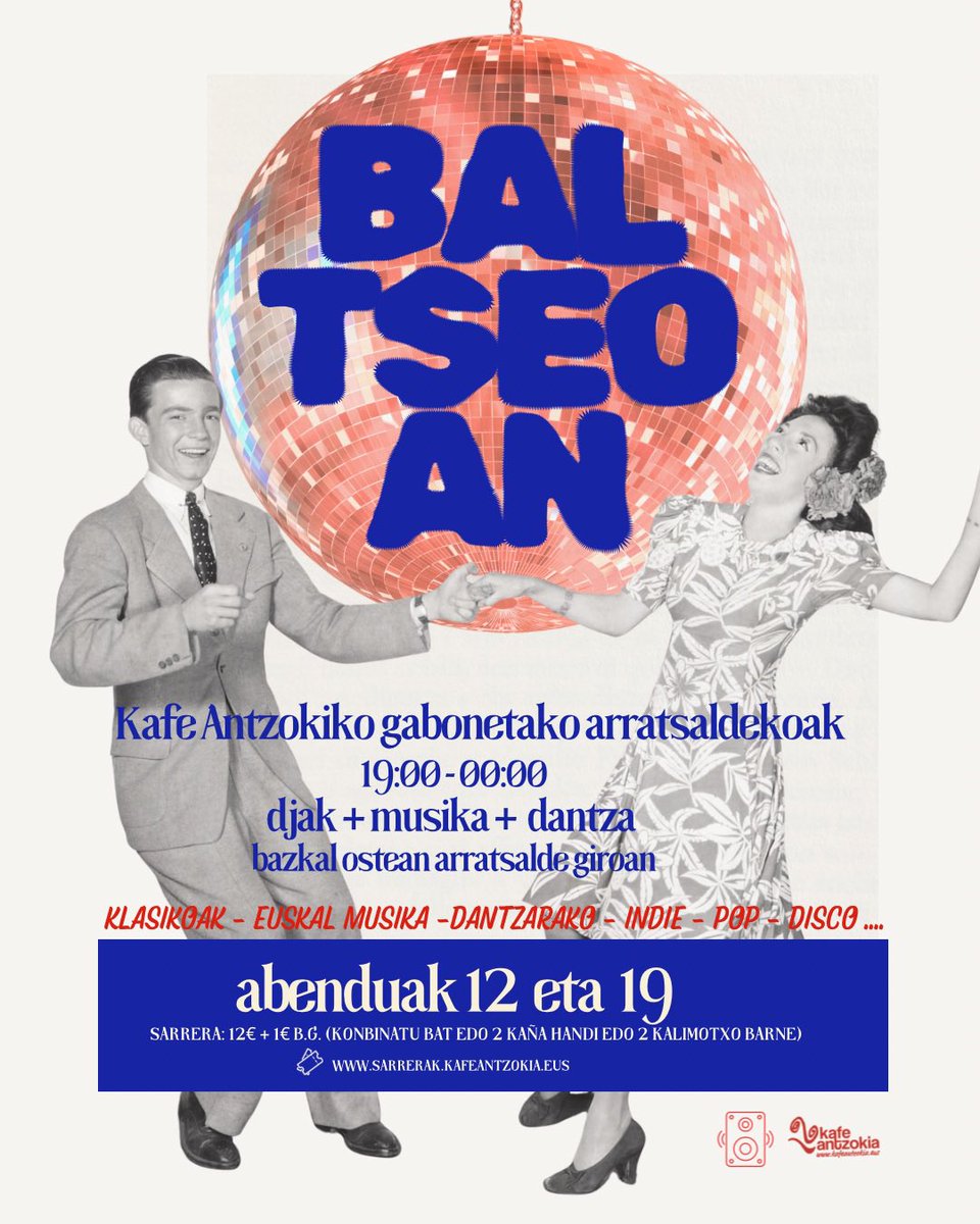 BALTSEOAN ibiliko gara abenduaren 12an eta 19an. Gabonetako lagun arteko bazkarien ondorengoa. Arrasatsalde pasa. Djak, musika eta dantza...baltseoan edo soltean….bakarrik edo lagunekin. Jai giroa izango dugu arratsalde-iluntze-pasa egiteko. Zabaldu kuadrillan, lanekoen artean,