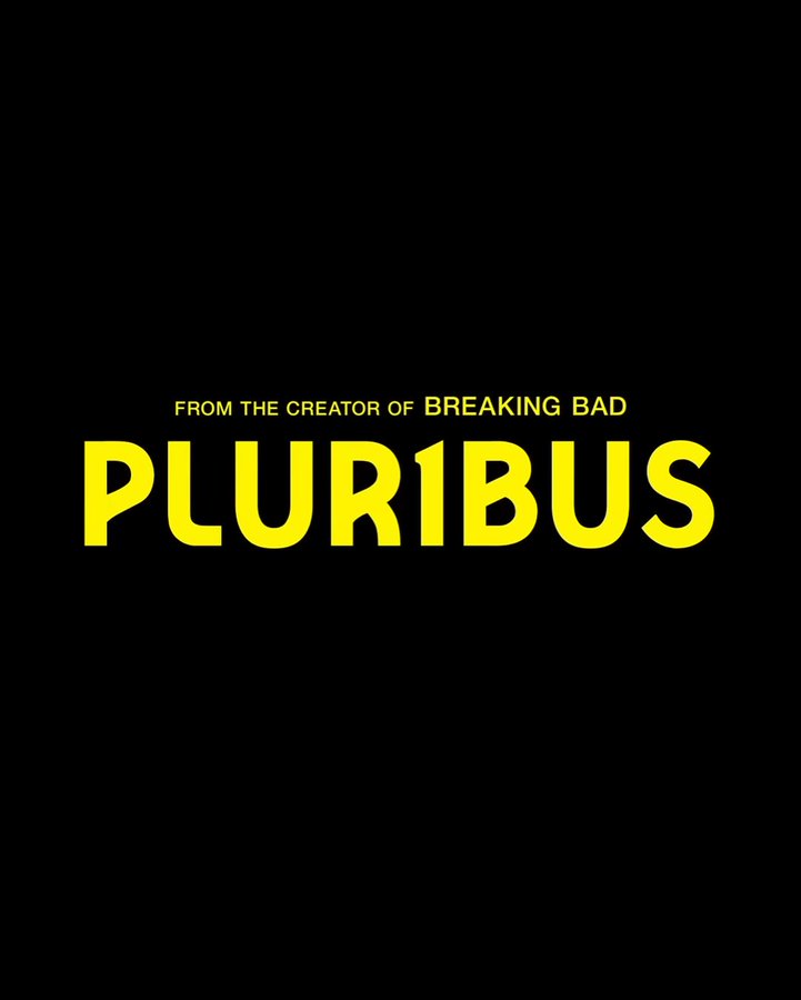 First image shows a blonde woman with flowing wavy hair wearing a yellow jacket viewed from below with mouth open wide in a dramatic scream expression against solid yellow background. Second image features black background with yellow text reading From the Creator of Breaking Bad above large yellow title PLURIBUS.