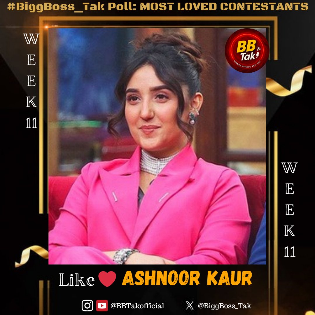 BiggBoss_Tak's tweet image. Biggest &amp;amp; Most Authentic #BiggBoss_Tak Poll: #BB19 (Week-11)

Like ❤️ If you&apos;re supporting #AshnoorKaur in #BiggBoss19

Poll to end Tomorrow (Monday) 10PM

#BB19WithBiggBoss_Tak #BBTak #BiggBoss #BB