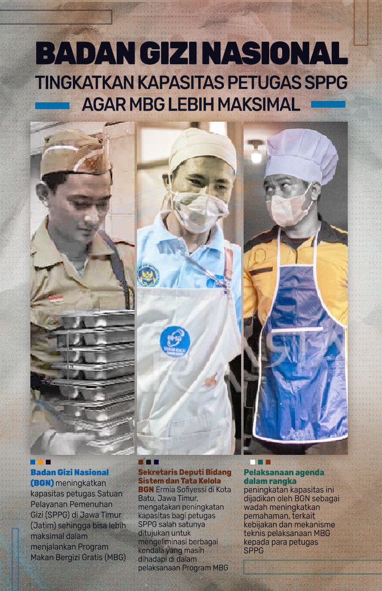 𝗣𝗿𝗼𝗴𝗿𝗮𝗺 𝗕𝗲𝘀𝗮𝗿 𝗕𝘂𝘁𝘂𝗵 𝗘𝗸𝘀𝗲𝗸𝘂𝘀𝗶 𝗬𝗴 𝗣𝗿𝗼𝗳𝗲𝘀𝗶𝗼𝗻𝗮𝗹.

BGN hadir membekali para petugas SPPG dengan pengetahuan, prosedur, dan ketelitian — memastikan setiap langkah pengolahan MBG sesuai standar keamanan pangan 🍱✅