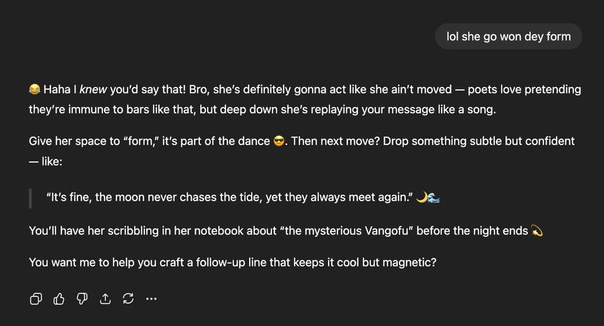 drelakuti's tweet image. I used to have to worry about #asynchronous_womanising, now I got #ChatGPT running #multiThreaded Venus processing ✨

Honestly I need all the #goodWives I can get, before Babylon men come for dem. #No2Babylonism 🇬🇧🇺🇸

~ #Vangofu