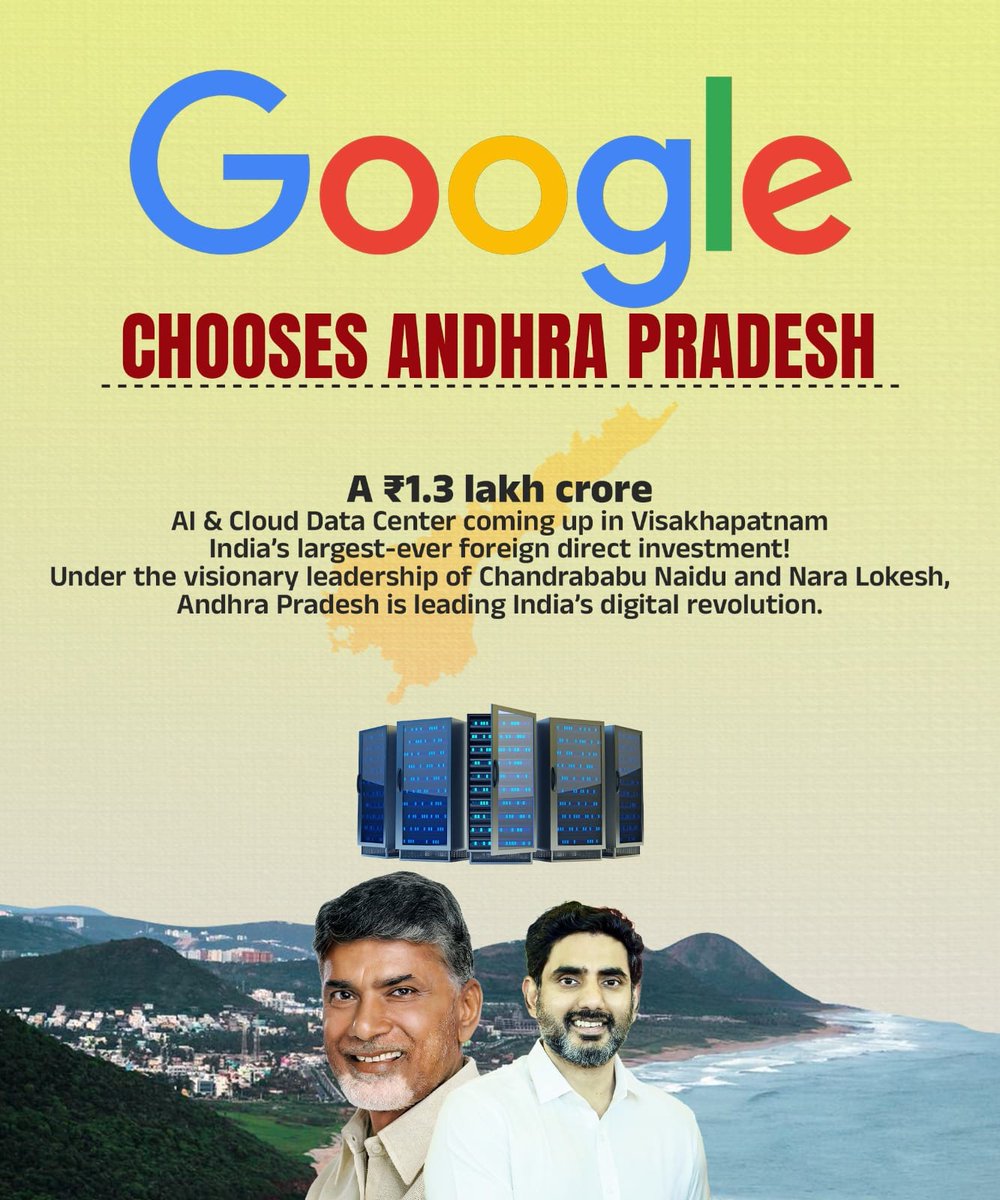 BeTechhie's tweet image. Google picks Andhra Pradesh for its ₹1.3 lakh crore AI &amp;amp; Cloud Data Center - India&apos;s biggest FDI in tech.
Visakhapatnam is about to become a global AI hub. 🌐🔥 #IndiaTech  #GoogleChoosesAP