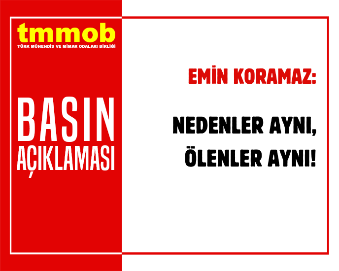 TMMOB Yönetim Kurulu Başkanı Emin Koramaz, önceki gün Kocaeli Dilovası’nda, ikisi çocuk, 6 kadın işçinin iş cinayetinde hayatını kaybetmesi üzerine 9 Kasım 2025 tarihinde bir basın açıklaması yaparak "Nedenler Aynı, Ölenler Aynı" dedi.

tmmob.org.tr/icerik/nedenle…