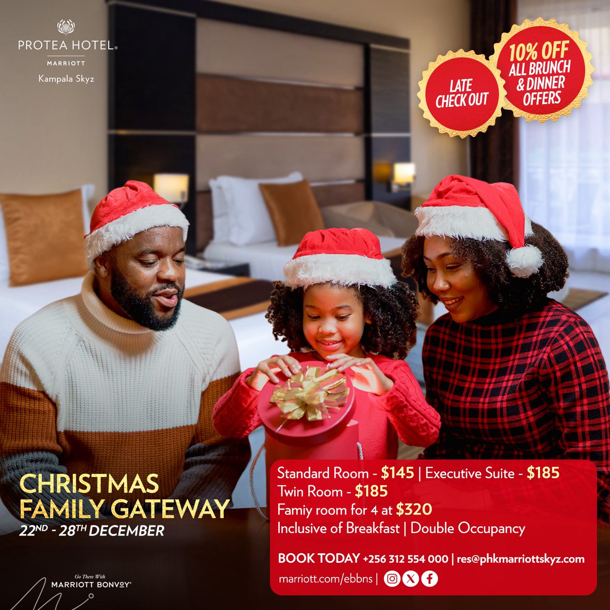 Guys, allow me involve you in early preparations for the Festive season. 

I am going to be sharing some of the best deals that you can find at <a href="/SkyzHotel/">Protea Hotel by Marriott® Kampala Skyz</a> this Festive season, with Family Get Away giving you late checkout and a 10% OFF on all Brunches and Dinner.

#SkyzHotel