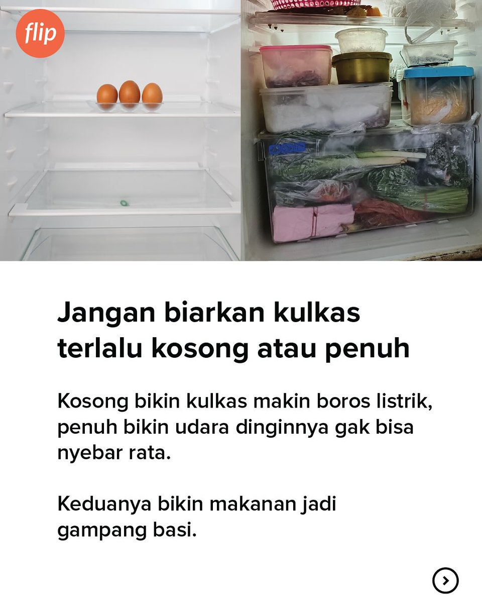 flip_id's tweet image. tips #pertama, kondisi barang di kulkas harus berada di tengah-tengah ya kak!