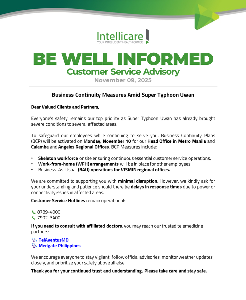Customer Service Advisory: BCP in Effect for Metro Manila Head Office, as well as Calamba and Angeles Regional Offices Amid Typhoon Uwan. 📢

Click link for more information: linkedin.com/posts/intellic…