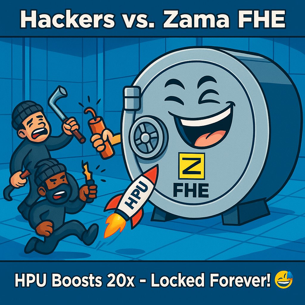 Mhdirostmifx's tweet image. Hackers vs. Zama FHE: Epic fail! 😱 HPU boosts 20x – data locked forever! 🚀 Your fave Zama win? Reply for shoutout!  #ZamaCreatorProgram @zama