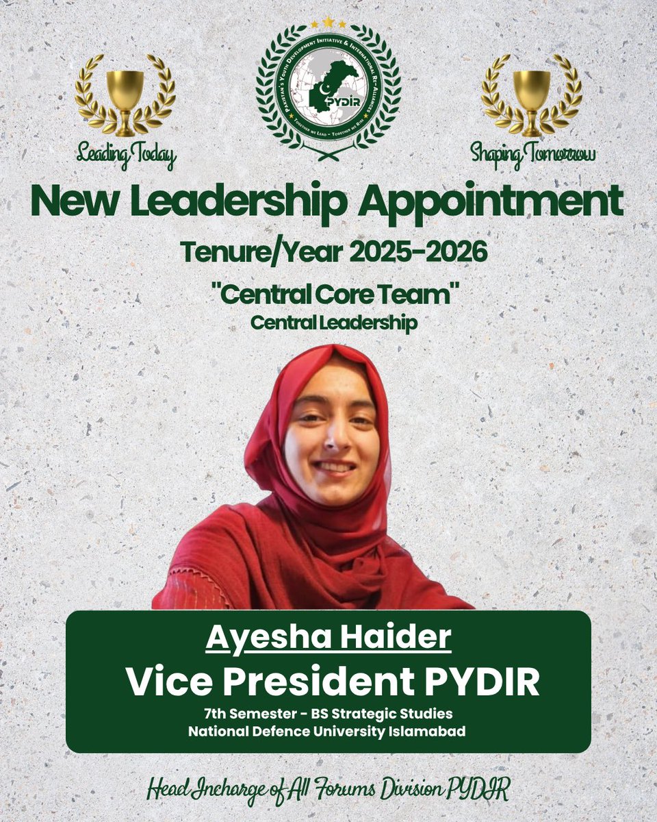 pydir_1505's tweet image. Ayesha Haider, the new Vice President of PYDIR.

She is a student at National Defence University pursuing a Bachelor&apos;s degree in Strategic Studies, currently in her 7th semester.