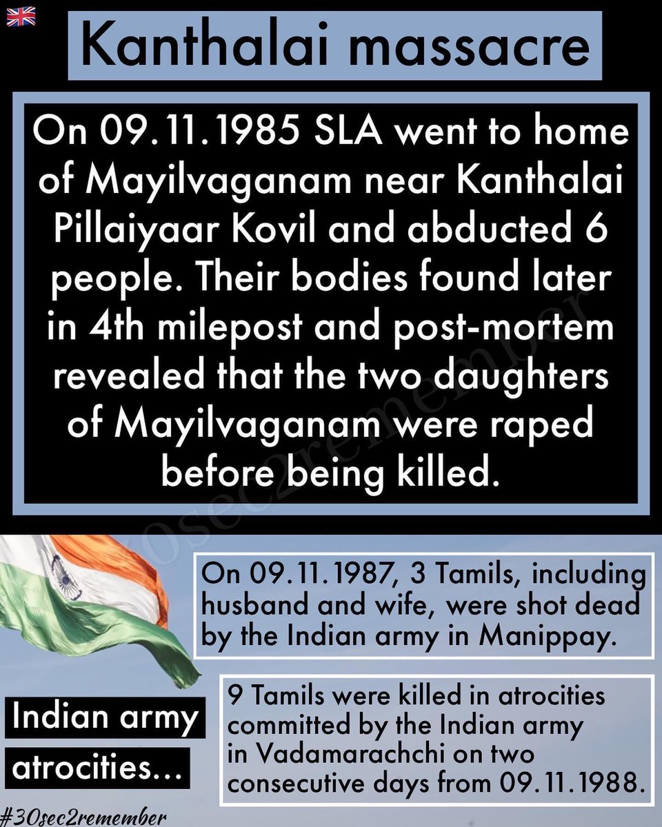 30sec2remember's tweet image. Nov 9 – 1985: Kanthalai Massacre – 6 Tamils were abducted and killed by the SLA; among them, two young women were raped and murdered.🕯️

#30sec2remember #Genocide #Tamils #GenocideOnTamils #SriLankanArmy #IndianArmy #IPKF #killing #atrocities #NeverForget #WeRemember