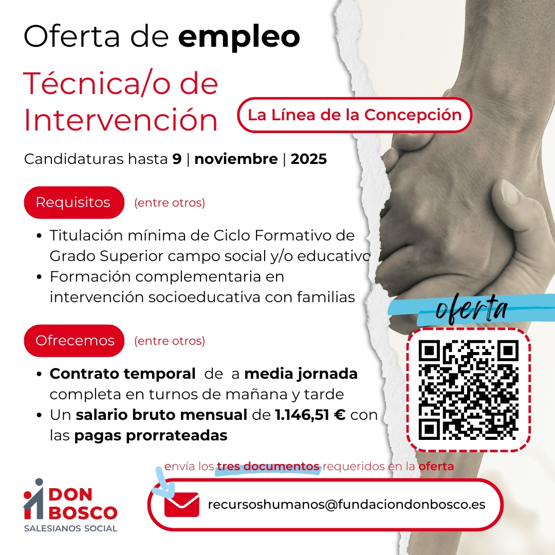 funddonbosco's tweet photo. #Empleo | Abierto proceso de selección en @funddonbosco de "Técnica/o de Intervención" en #LaLínea

✅ Tienes hasta el domingo 9 de noviembre para enviarnos tu candidatura.

https://t.co/Kz5JB4IoMS https://t.co/VYHQbEMIkQ