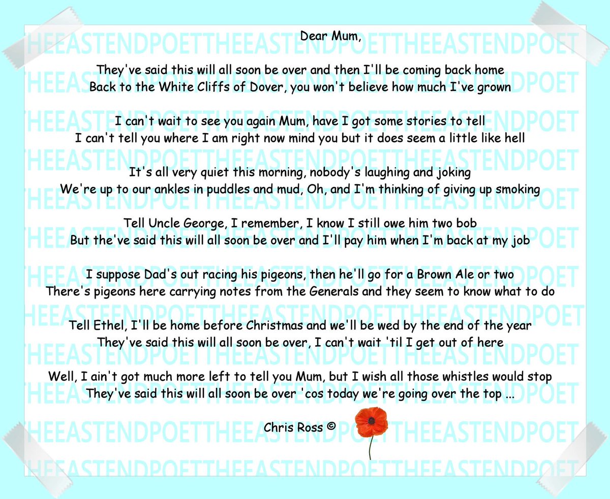 Good Morning All ...
This is a poem of remembrance that I wrote in the form of a letter home. I hope it shows the innocence of the young lads who were out there fighting for us all ...
'Dear Mum' (A letter from France)... xx
#lestweforget #remembrance