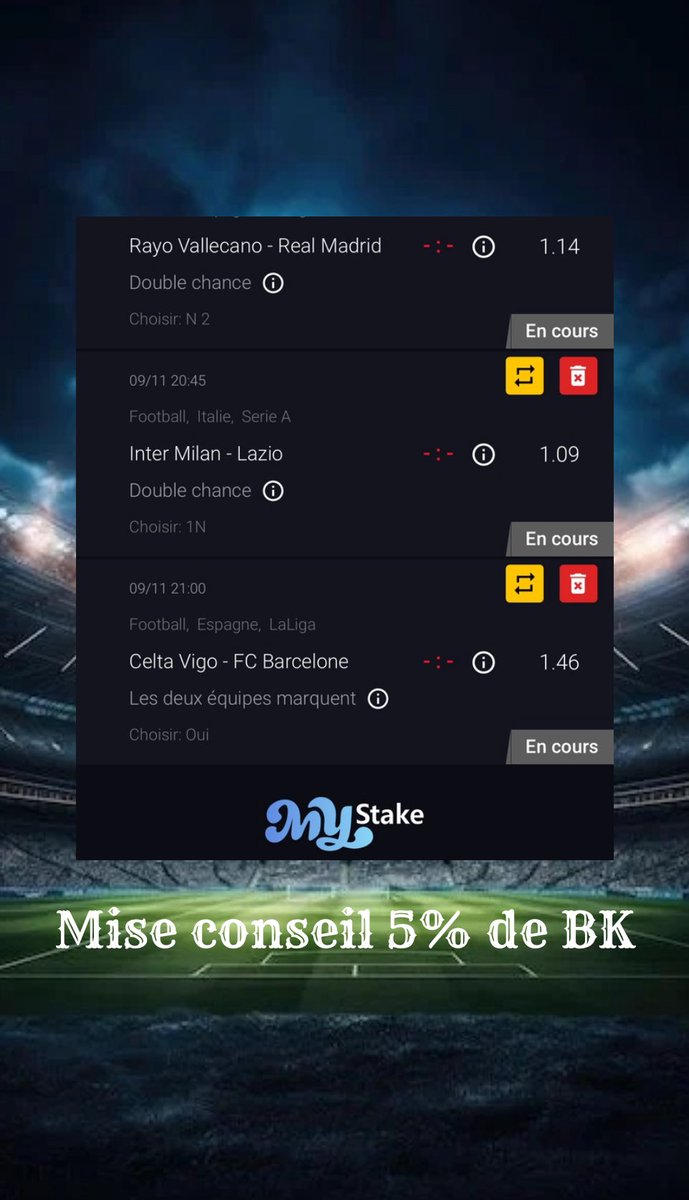KBPronos51's tweet photo. 🔥 Pronostic du jour 🔥

Aujourd’hui on part sur 2 double chance bien sécurisée et 1 BTTS 💪

🎯 Sélection du jour :

✅ Real Madrid ou nul

✅ Inter Milan ou nul

⚽ Celta Vigo vs Barcelone : → Les deux équipes marquent

💰 Cote totale : 1,81

#TeamParieur https://t.co/RtFM8pZJle