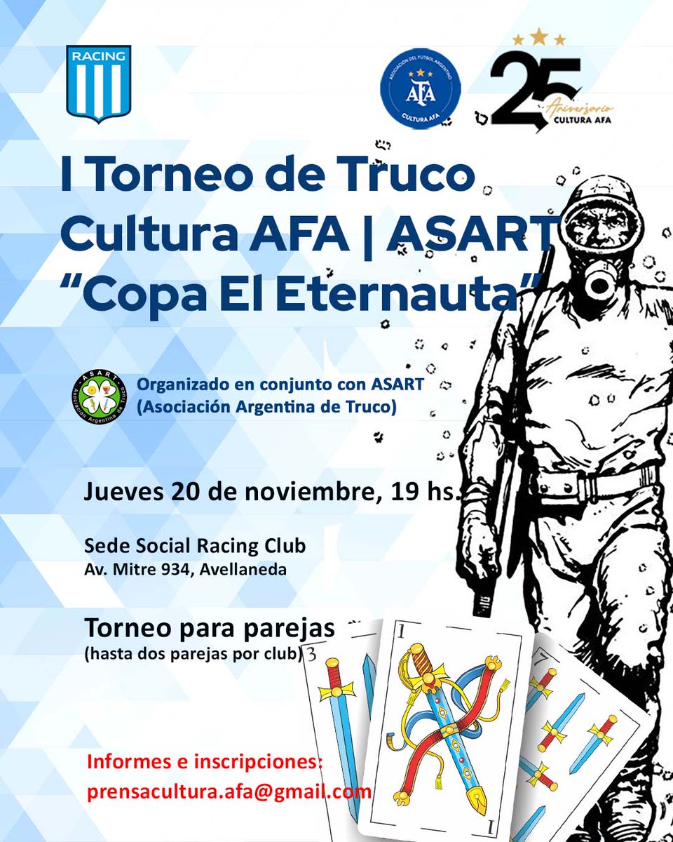 | I Torneo de Truco "Copa El Eternauta"

Ya está abierta la inscripción para los clubes que quiera participar de la primera edición del torneo organizado en conjunto con ASART.

Informes: prensacultura.afa@gmail.com

"Quiero vale cuatro", ¡claaaaro capitán!