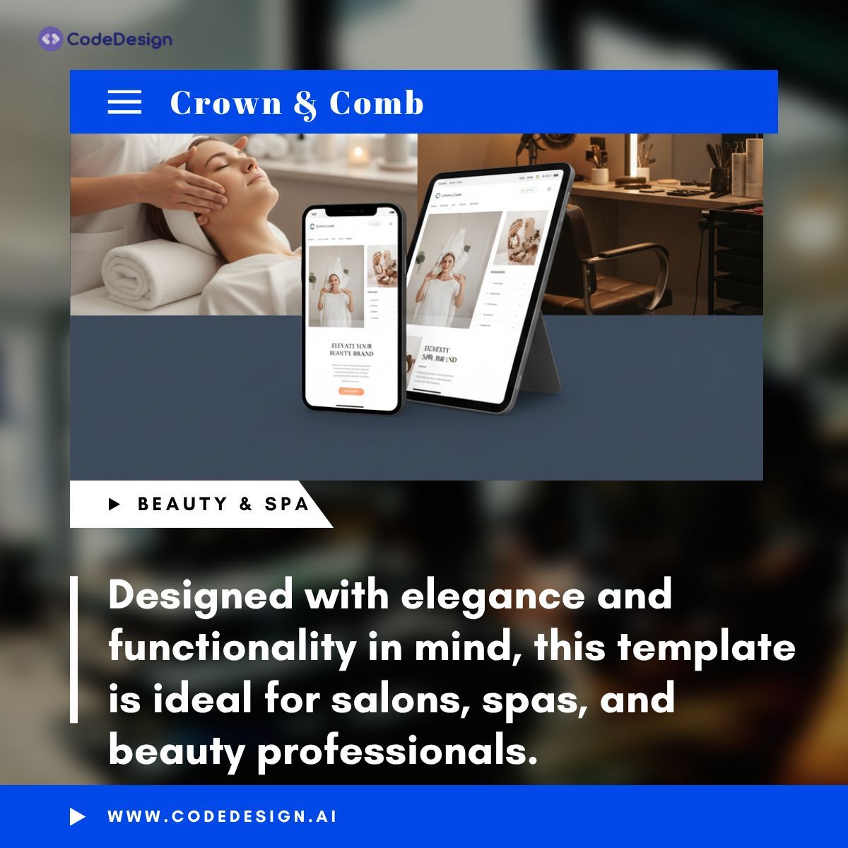codedesignai's tweet image. &quot;Launching a new salon or spa website? 💅

Discover the &apos;Crown &amp;amp; Comb&apos; template! Elegant, responsive, and perfectly designed for the beauty industry. Get it live fast with @codedesignai.

Live Demo: crownandcomb.codedesign.app

#WebDesign #BeautyTech #SpaWebsite #Template #NoCode #UI