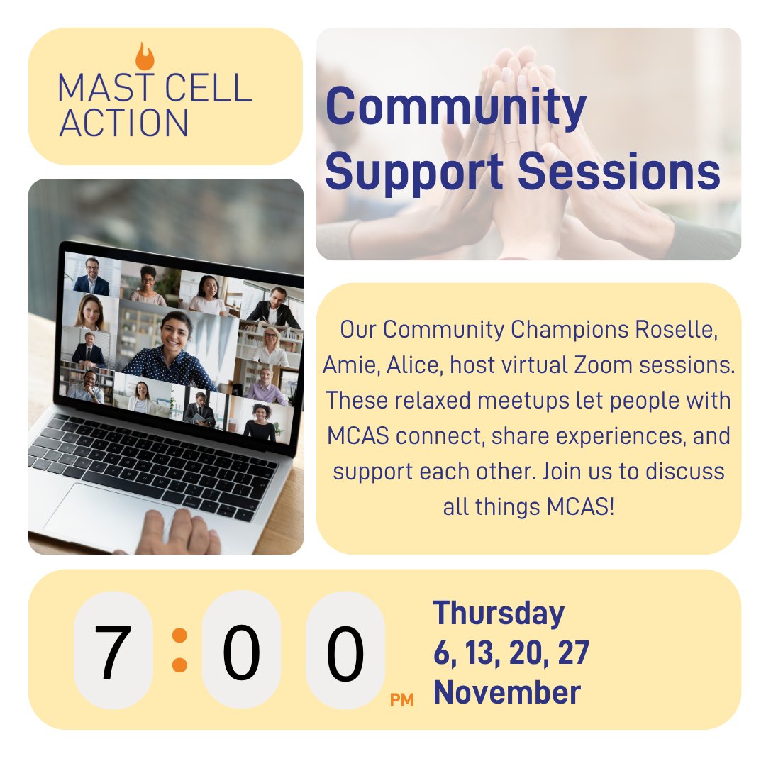 Join our weekly community zoom sessions for those living in the UK Thursday from 7-8:30pm.
Our Community Champion volunteers Roselle, Amie and Alice will be hosting these weekly sessions. mastcellaction.org/mast-cell-acti…