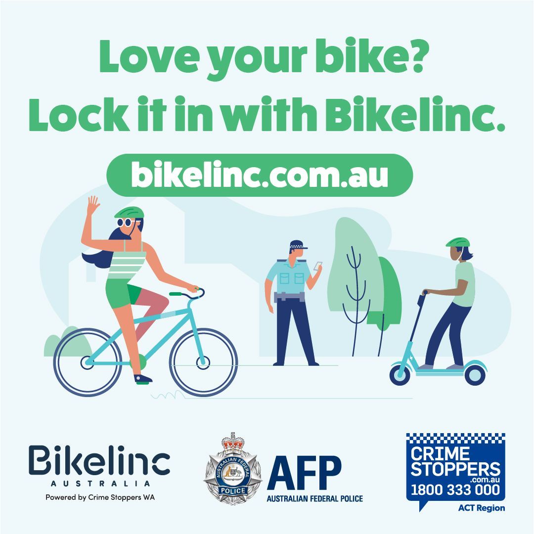 ACTCrimeStop's tweet image. Love your bike? Lock it in with Bikelinc. 

ACT Crime Stoppers and ACT Policing are helping riders protect what moves them. Register your bike’s serial number on Bikelinc. It’s a free, secure tool that connects you, your bike, and police. 

 bikelinc.com.au