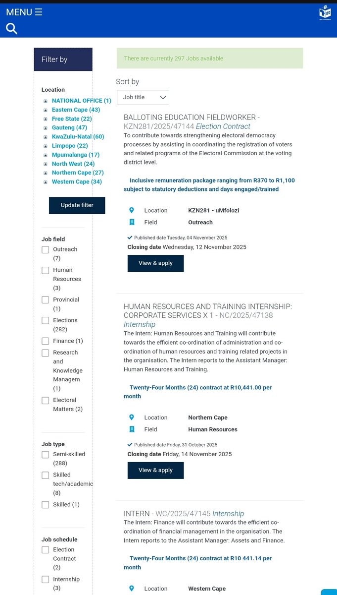 CarolBoitumelo1's tweet image. Submit your CV at IEC. We are hiring.

X306 vacancies by Provinces

📌Eastern Cape X43 posts 
📌Free State X22 posts
📌 Gauteng X47 posts
📌 Limpopo X22 posts
📌Kwazulu-Natal X60 posts 
📌Mpumalanga X17 posts
📌North West X24 posts
📌 Northern Cape X27 posts
📌 Western Cape X34…