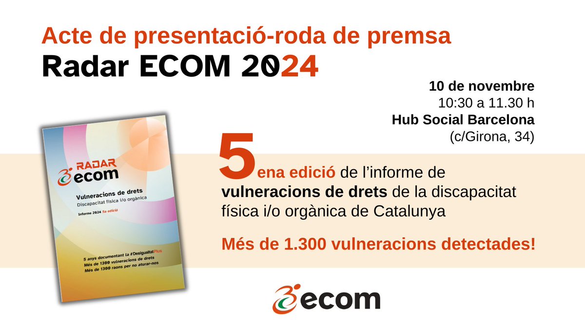 ecomdisca's tweet photo. Les xifres del #RadarECOM parlen: més de 1.300 vulneracions en 5 anys.
No et perdis demà la presentació del #RadarECOM24, amb testimonis en primera persona.
🕥 10.30 h
📍 Hub Social Barcelona
👉 Inscriu-t’hi: https://t.co/KSNwX1Y8rA
#Drets #Discapacitat https://t.co/vC7AyCmGhQ