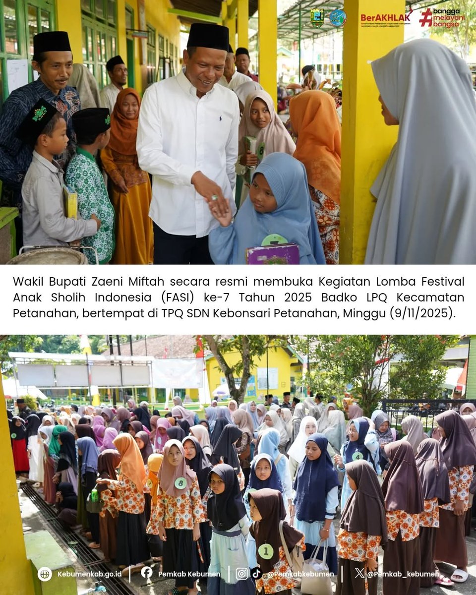 pemkab_kebumen's tweet photo. Wakil Bupati Kebumen Zaeni Miftah secara resmi membuka kegiatan Festival Anak Sholih Indonesia (FASI) ke-7 Tahun 2025 yang diselenggarakan oleh Badko LPQ Kecamatan Petanahan, bertempat di TPQ SDN Kebonsari Petanahan, Minggu (9/11/2025). #pemkabkebumen #fasi #wakilbupatikebumen https://t.co/GN2lhnIQwa
