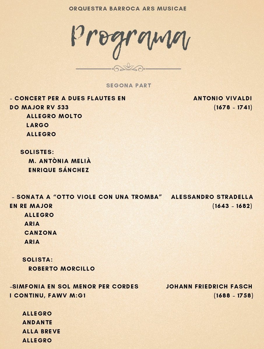 ars_musicae's tweet photo. Ja teniu les entrades?
Ars Musicae tancarà el Festival de Música el 16/11 a les 18:30 a l'Església Parroquial de Bunyola. Bach, Monn, Vivaldi, Stradella i Fasch. No vos ho podeu perdre!
Entrades: quetglespons@gmail.com
Adults: 10€
C jove i estud.: 5€
Menors acompanyats: gratuït https://t.co/D37HdNcJks