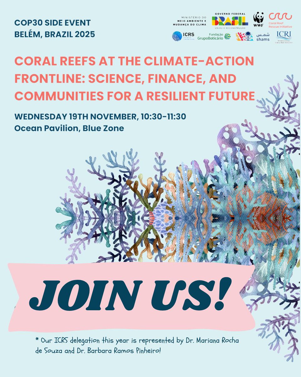 ICRSCoralReefs's tweet image. 🌍✨ Join ICRS at COP30 in Belém, Brazil! ✨🌍 As the world gathers to take decisive climate action, the ICRS will be hosting a series of events that spotlight the ocean’s vital role in our shared future. 🌊💙
#COP30 #ICRS #ClimateAction #CoralReefs #Belém2025