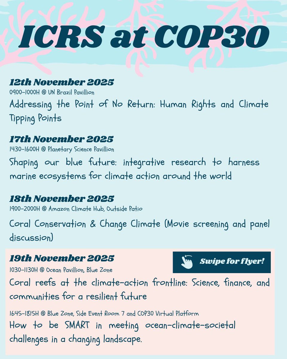 ICRSCoralReefs's tweet image. 🌍✨ Join ICRS at COP30 in Belém, Brazil! ✨🌍 As the world gathers to take decisive climate action, the ICRS will be hosting a series of events that spotlight the ocean’s vital role in our shared future. 🌊💙
#COP30 #ICRS #ClimateAction #CoralReefs #Belém2025