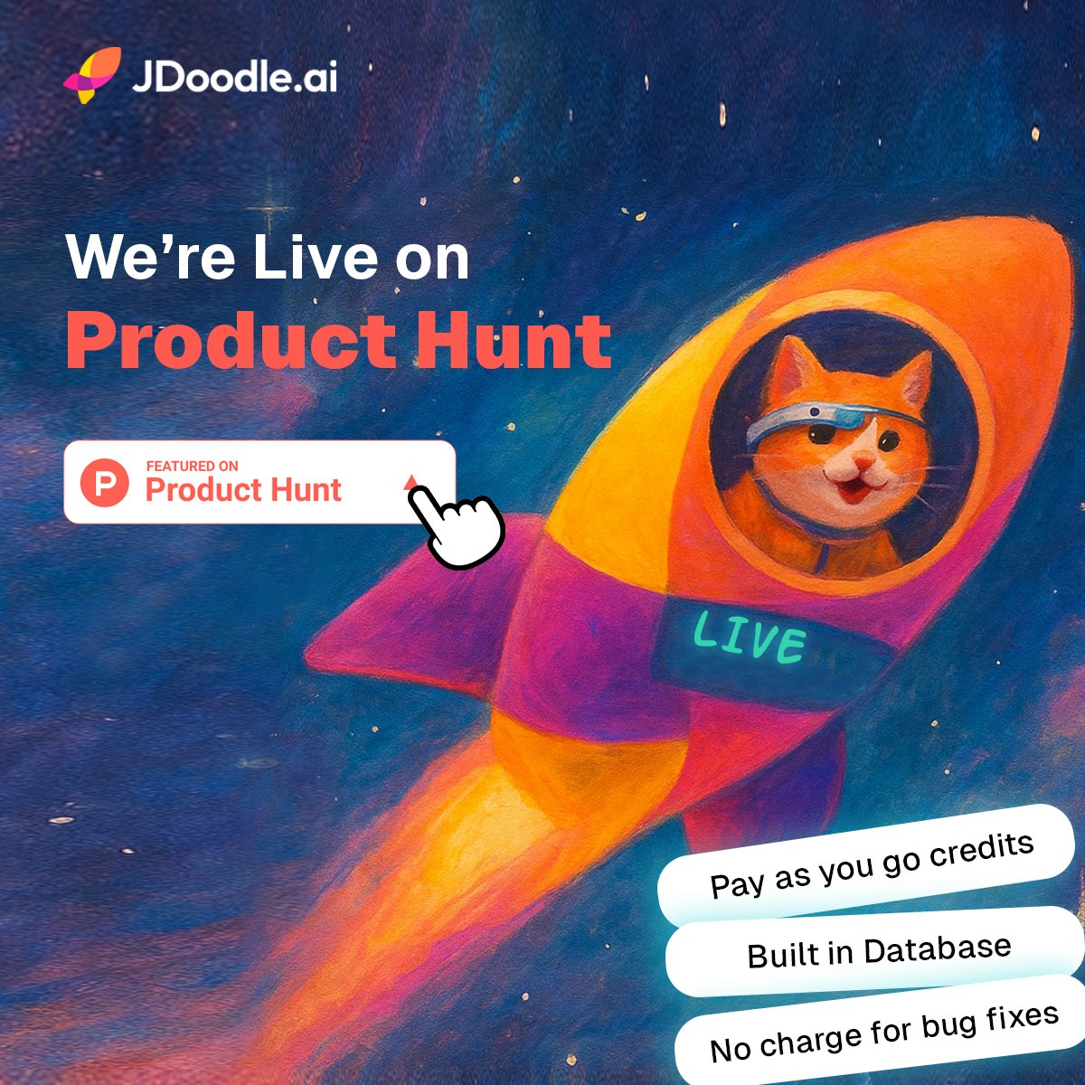 We just went live on <a href="/ProductHunt/">Product Hunt 😸</a>! We’d love your support: producthunt.com/products/jdood…
New updates we’ve rolled out:
- In-built Database
- Auto-bug fixing (no credits charged)
- Pay-as-you-go Credits
- Integrate with any apps
- Free Hosting