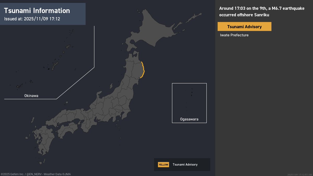 Tsunami Advisory – 11/9, 5:12pm
A Tsunami Advisory has been issued. Waves of up to 1m are expected. Those near coastal areas, rivers, or lakes should evacuate to higher ground immediately. #tsunami