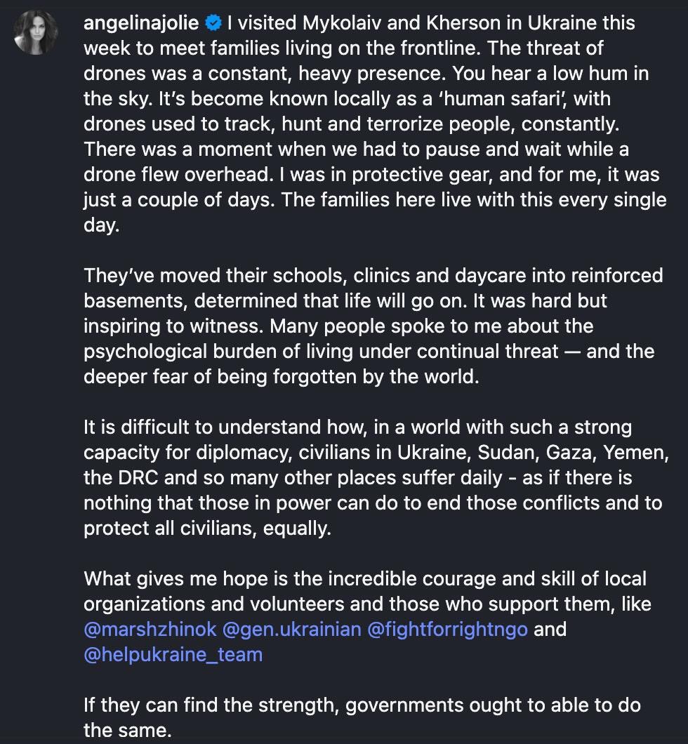 blyskavka_ua's tweet image. ⚡️Angelina Jolie published a post on social media after her trip to Ukraine. 

👉Current fundraising for the Armed Forces of Ukraine.
💸 PayPal
molniamolnievic@gmail.com