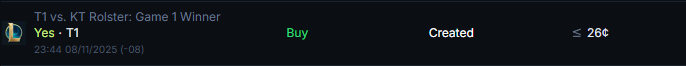 Caught the dip for T1 at the start of the T1 VS KT and it already hit for a 3x LOL 

TY League

(dont gamble kids, you will LOSE)