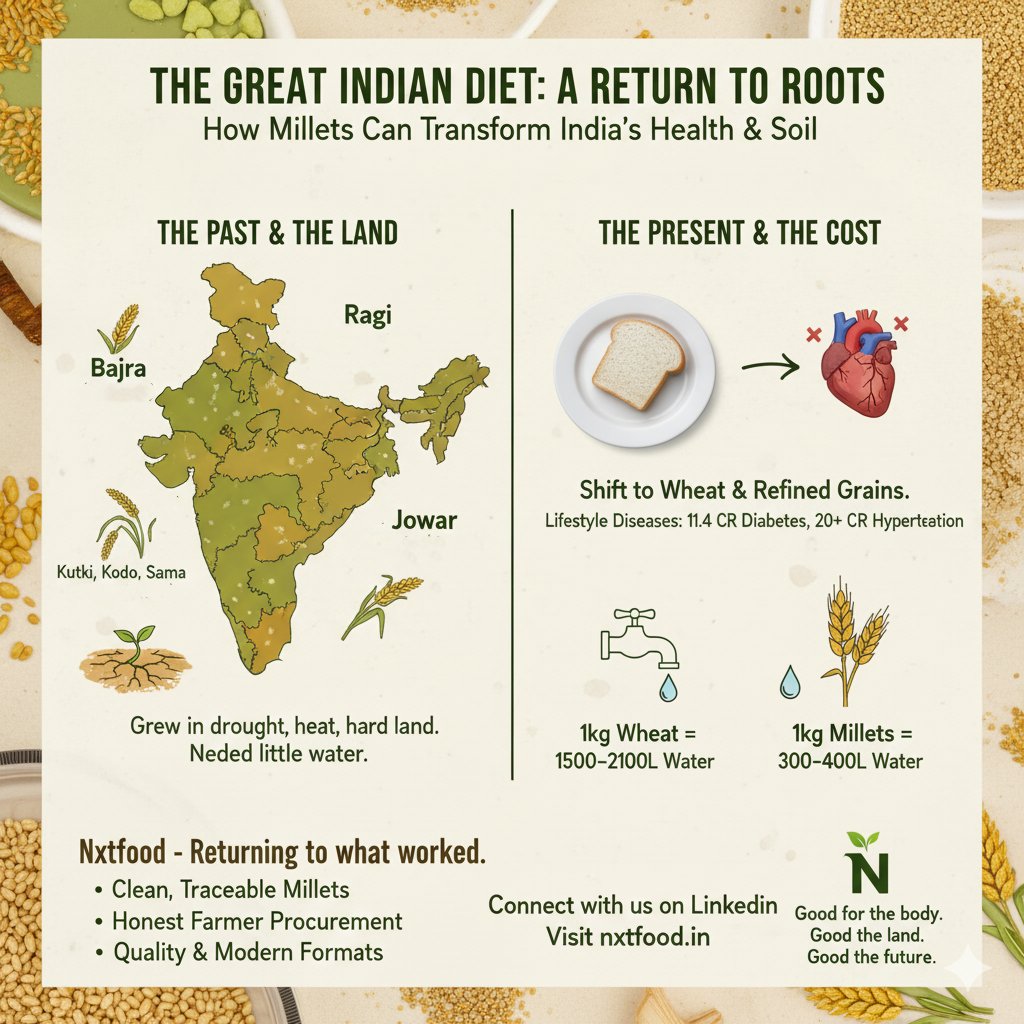 India was a millet nation long before wheat became everyday food.Bajra, Ragi, Jowar, Kodo - grains that grew with less water, less stress, more nutrition.
Today, lifestyle diseases are rising because we moved away from what kept us strong. It’s time to return.
#Millets #Nxtfood