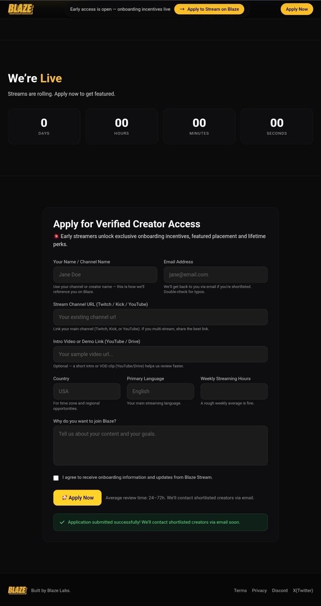 GBLAZE 
GAVAX 

Hope we're all having a great weekend, regardless of the market reaction?

I just applied for <a href="/blaze_stream/">Blaze</a> verified creator access, fingers crossed 🤞,  I believe and hope I will make it! 

You can definitely apply here: streamer.blaze.stream/#apply

It will be fun!