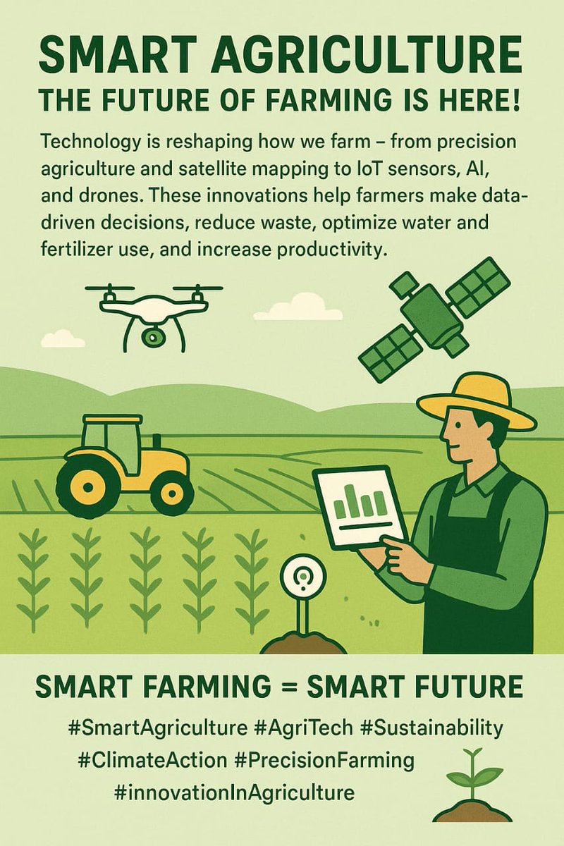 Smart agriculture is changing how we grow food 🌾
With AI, drones &amp; sensors, farmers can boost yields, save resources &amp; fight climate change.
💡 Smart farming = Smart future 🌍
#SmartAgriculture #AgriTech #Sustainability