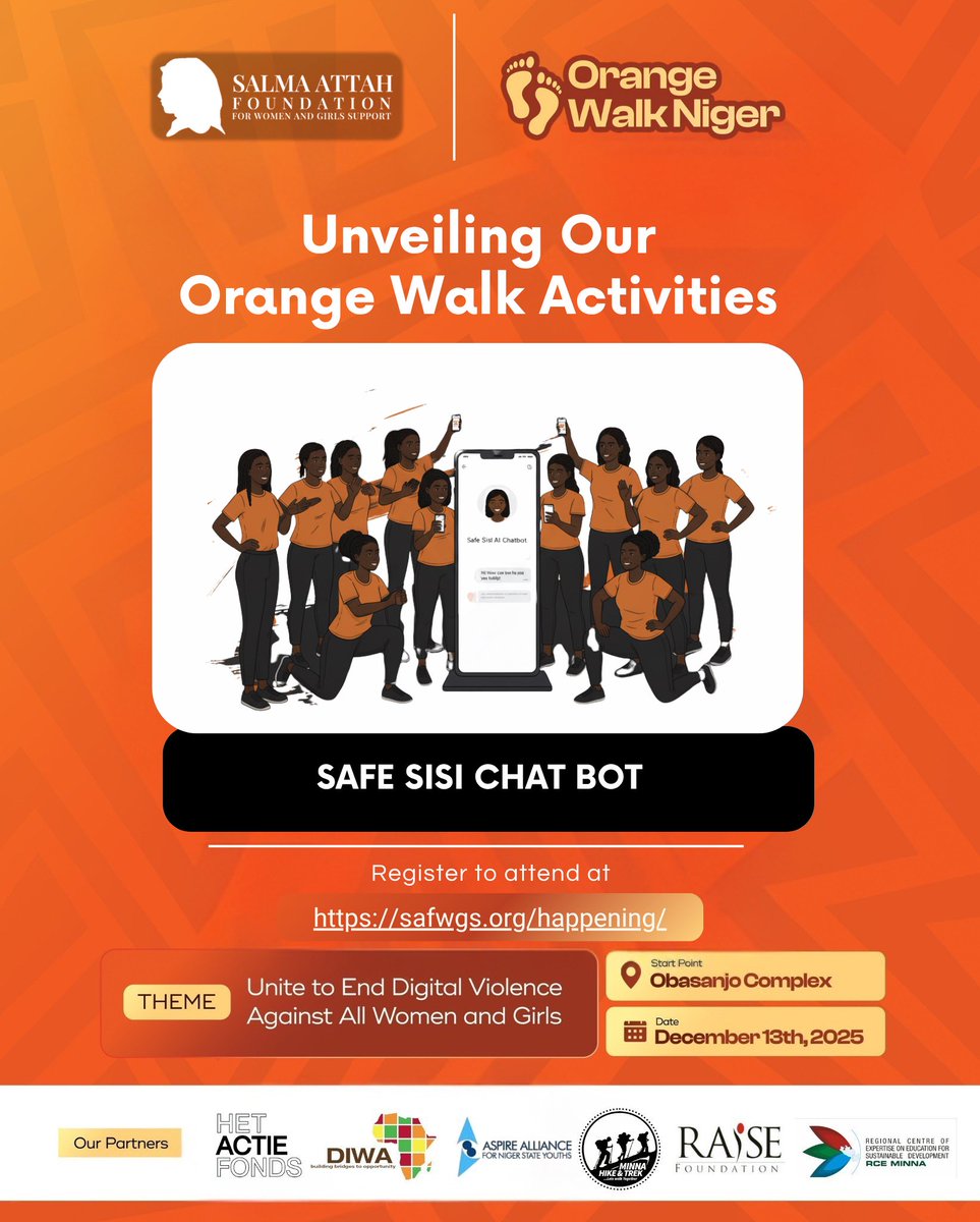 SAF_WGS's tweet photo. Minna, we are stepping out again! Orange Walk 2025 is here and we are marching to end digital violence against women and girls.
Are you walking with us? 🔗 Register Free: https://t.co/5MvfP2XNC1

#OrangeWalkNiger2025 #EndDigitalViolence #SAFWGS #OrangeWalk #16DaysofActivsm https://t.co/UEVBrO5Ucv