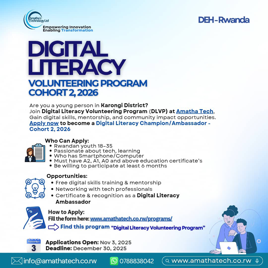 Save The Date on Training #Karongi youth volunteers on digital literacy and innovation to enhance their impact in community development. Together, we shape a smarter future.💪🌐 #DigitalSkills #YouthEmpowerment 
<a href="/Amathatech/">Amatha Tech</a>
<a href="/DigitalTechRw/">Digital Empowerment Hub | Rwanda</a>
<a href="/RYVCPKARONGI/">Karongi Youth Volunteers</a> 
<a href="/RwandaYouthVol1/">Rwanda Youth Volunteers</a>
