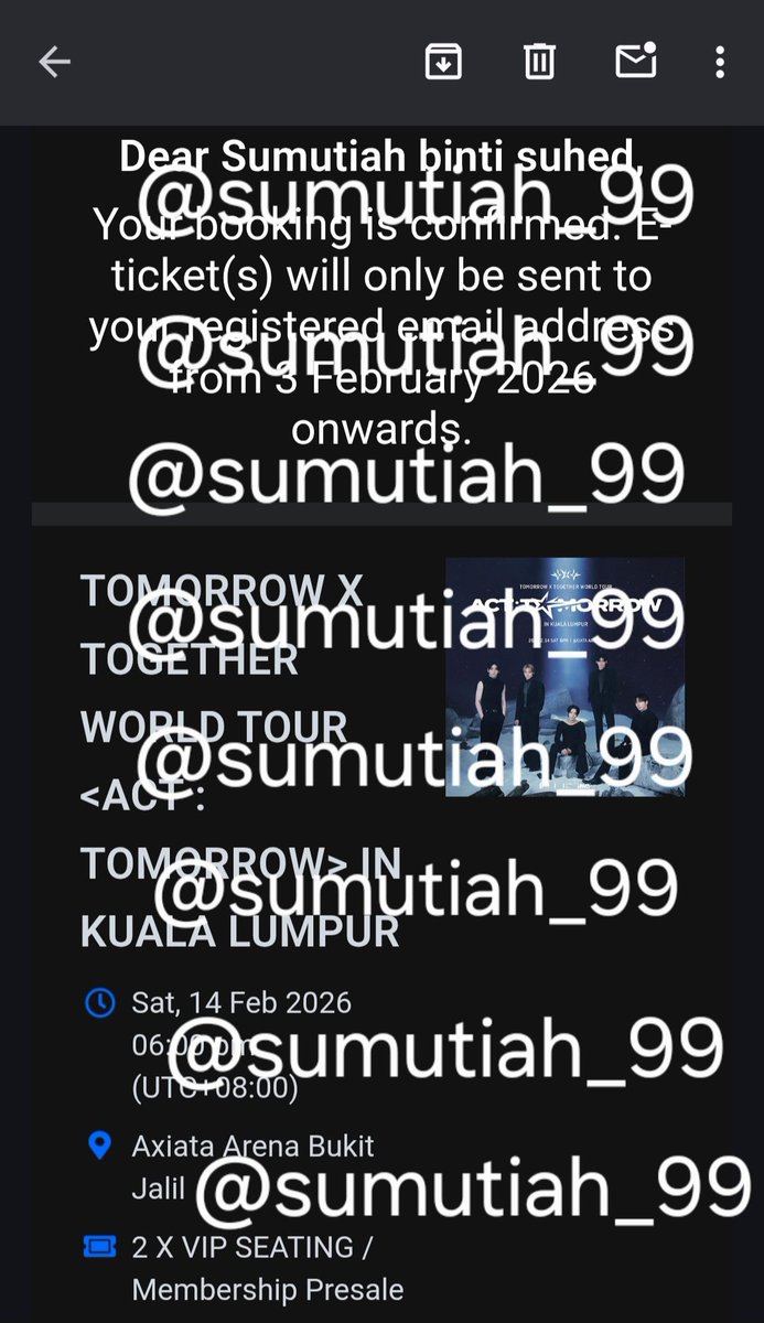 sumutiah_99's tweet photo. WTS #TXTinKL

2x VIP seated
307, row H (side by side)
Rfs: secured desired section

Bantu saya let go plsss machehhh

Hari kejadian boleh teman sampai u dapat masuk (kalau pintu lain lain)

#TXTinMY #ACT_TOMORROW_in_KL
#TXT #TOMORROW_X_TOGETHER #ACT_TOMORROW #TOMORROW_X_TOGETHER https://t.co/nO7CrL8Y1H