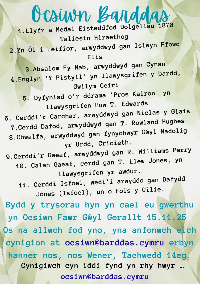 Rhes hirach o drysorau … ocsiwn@barddas.cymru