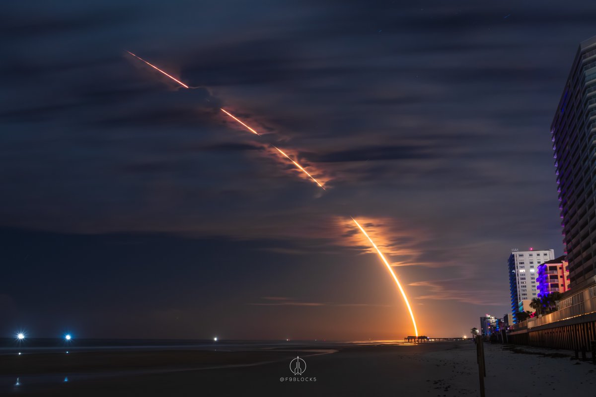 SpaceX F9 threading Starlink 10-51 through offshore clouds, viewed from Daytona Beach, FL