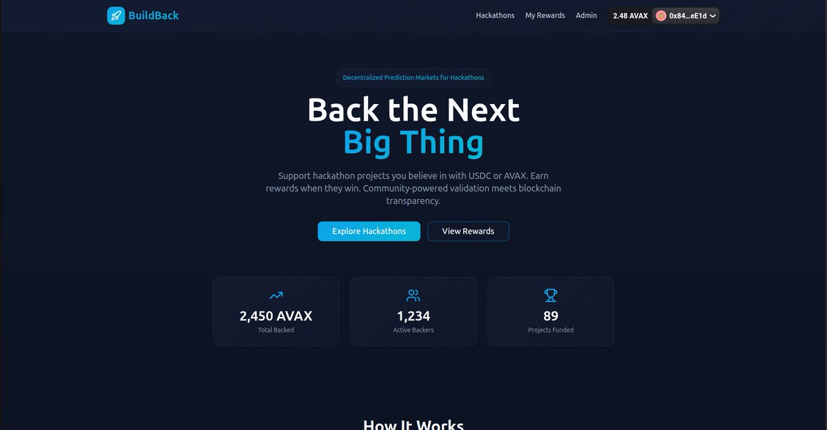 ZoroTheBuilder's tweet image. Built BuildBack as a side project 🚀

Problem: Hackathon teams get funded ONLY if they win
Solution: Community crowdfunding on @avax 

💰 10% goes to builders instantly
🏆 88% prize pool for supporters

Less gambling, more community support

Try it: buildbackdev.vercel.app